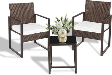 3 Pieces Patio Furniture Set Outdoor Wicker Bistro set Rattan Chair Conversation Sets with Coffee Table for Porch, Balcony,Garden,Backyard and Removable Cushions Beige