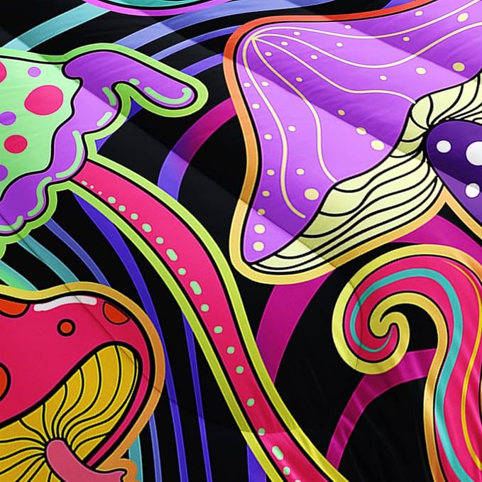 Colorful Mushroom Comforter Set Full Size Kids 3D Mushroom Bedding Set Cute Hippy Theme Quilt Bed Set for Boys Girls Adults with 1 Comforter and 2 Pillowcases