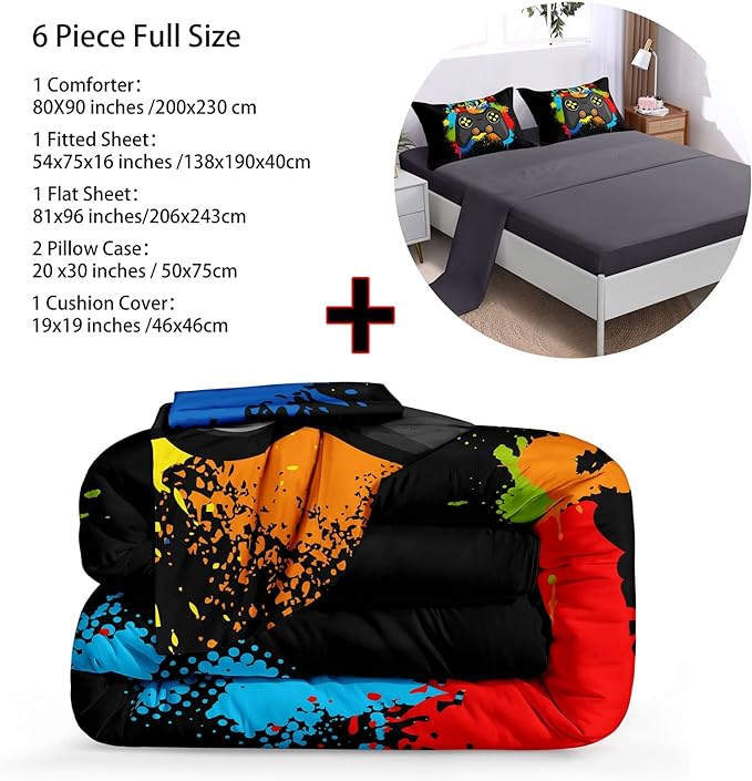 6 Pieces Gamer Comforter Set for Boys Gaming Bedding Set Full Size,Video Game Controller Comforter for Boys Kids Adult 3D Gamepad Microfiber Bedding Sets 6 Pieces Bed in A Bag Sets30019,Full