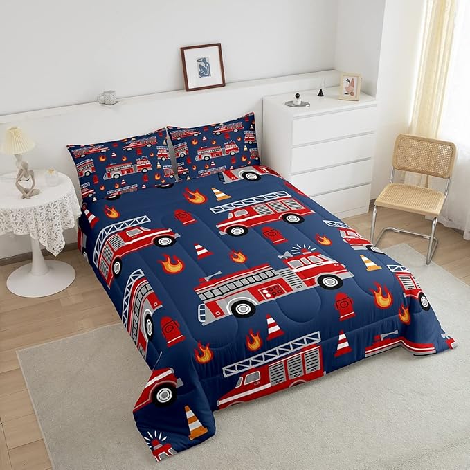 Cartoon Car Bedding Set Fire Truck Comforter Set for Kids Boys Girls Teens Room Decor Firefighter Comforter Firemen Car Vehicle Fire Engine Blue Red Duvet Set 2Pcs Twin Size