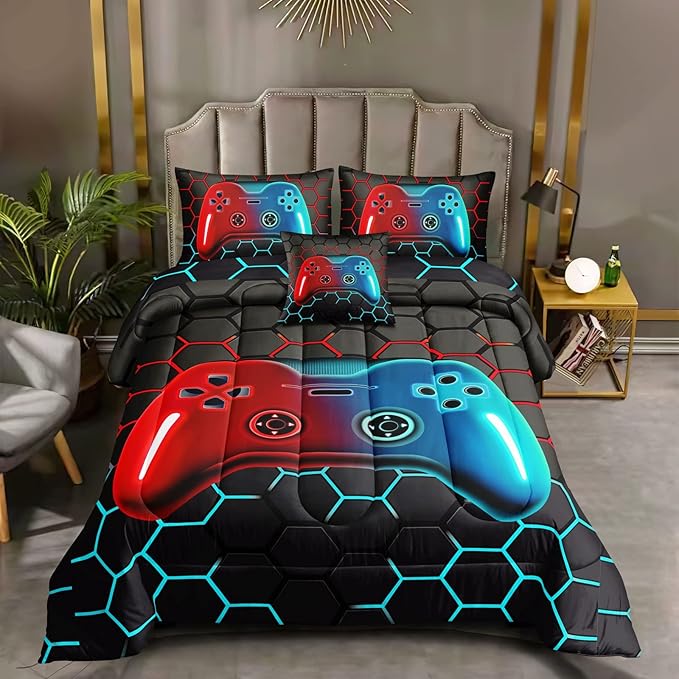 6 Pieces Bed in A Bag Gamer Bedding Set for Boys Kids Adult Gaming Comforters Set,Boys Bed in A Bag Set Queen Size Comforter with Fitted Sheet Flat Sheet Pillowcase pillowsham,DJTH5028Queen