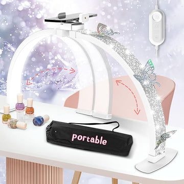 Half Moon Light for Nail Desk, Foldable 29" Nail Light for Desk, 180° Ultra-bright Nail Tech Desk Lamp, Portable Half Moon Lamp with Phone Holder & Organizer Bag - Sliver Diamond
