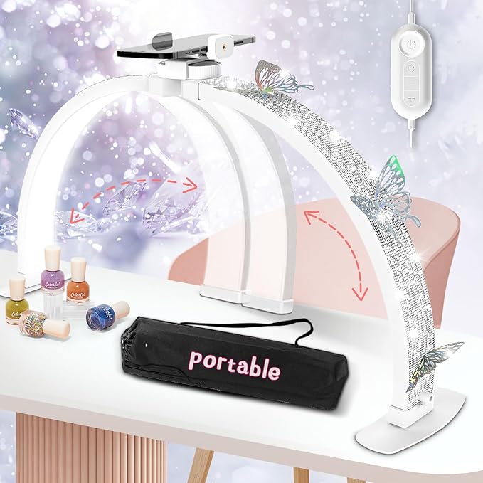 Half Moon Light for Nail Desk, Foldable 29" Nail Light for Desk, 180° Ultra-bright Nail Tech Desk Lamp, Portable Half Moon Lamp with Phone Holder & Organizer Bag - Sliver Diamond