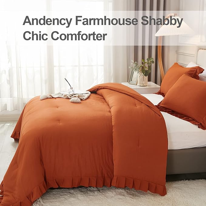 Andency Terracotta Ruffle Comforter Full(79x90Inch), 3 Pieces(1 Ruffled Comforter and 2 Pillowcases) Solid Farmhouse Shabby Chic Comforter, Vintage Rustic Soft Microfiber Bedding Set