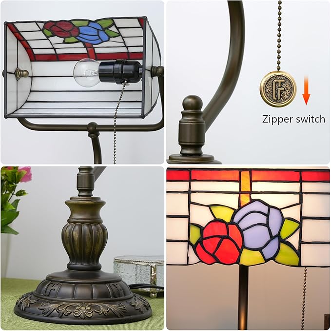 Bankers Lamp,Stained Glass Lamp,Dimmable Vintage Desk Lamp for Home Office Workplace Nightstand Bedroom Library Piano LED Bulb Included (roses)