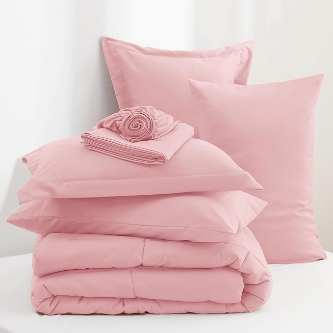 Bedsure Pink Queen Comforter Set - 7 Pieces Solid Queen Bed in a Bag, Queen Bed Set Pink with Comforters, Sheets, Pillowcases & Shams
