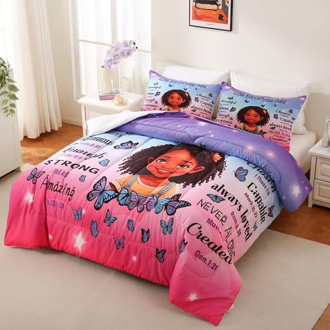 Black Girl Comforter Set, Full for Kids Teens, 3Pieces - 1 Comforter, 2 Pillow Shams, Premium Microfiber, Medium Weight, Motivational Decor, Machine Washable