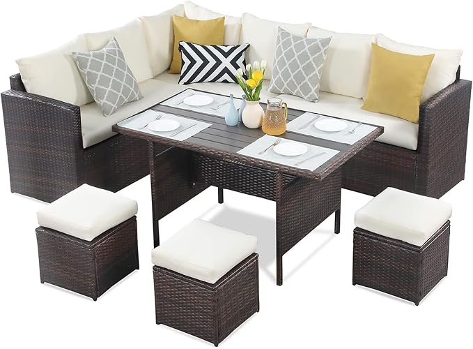 Wisteria Lane Patio Furniture Set, 7 Piece Outdoor Dining Sectional Sofa with Dining Table and Chair, All Weather Wicker Conversation Set with Ottoman, Ivory