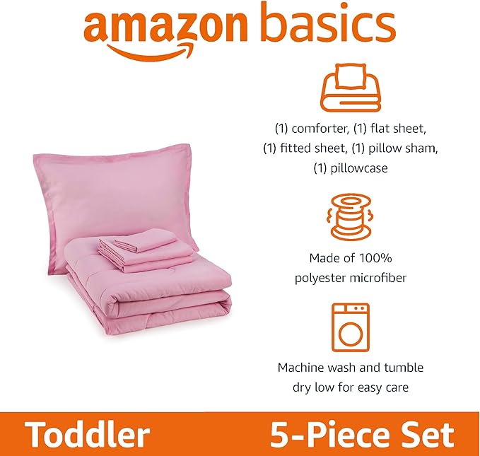 Amazon Basics 2 Piece Microfiber Kid's Bed-in-a-Bag Bedding Set, Toddler, Pink, Solid