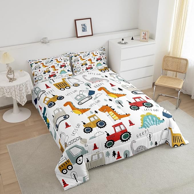 Feelyou Construction Comforter Set Kids Cartoon Dinosaur Comforter Cover Set for Boys Equipment Trucks Bedding Set Construction Vehicles Kawaii Jungle Dino Duvet Set Room Decor Quilt Set Full Size