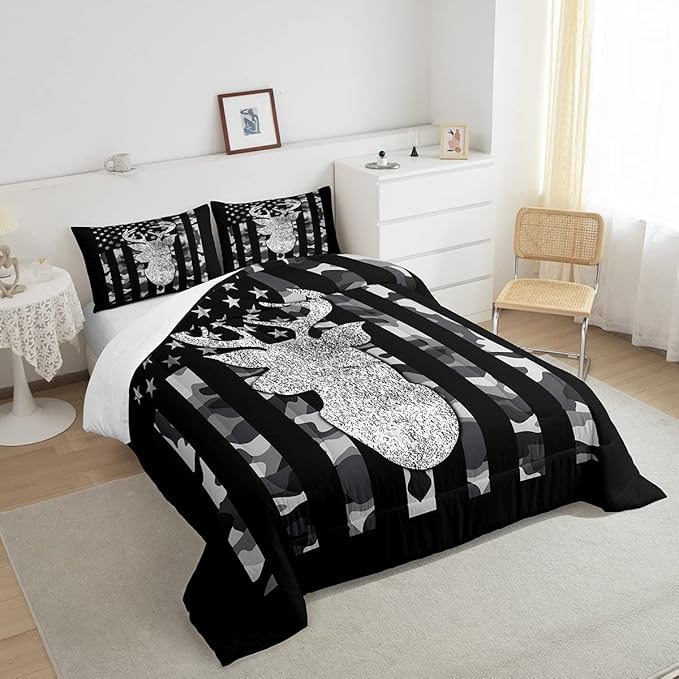 American Flag Bedding Set Deer Camo Comforter Set King for Kids Boys Teen Man,Western Rustic Black Grey Military Camouflage Bedding Comforters Hunting Deer Antlers Quilt Duvet for All Season 3 Pcs
