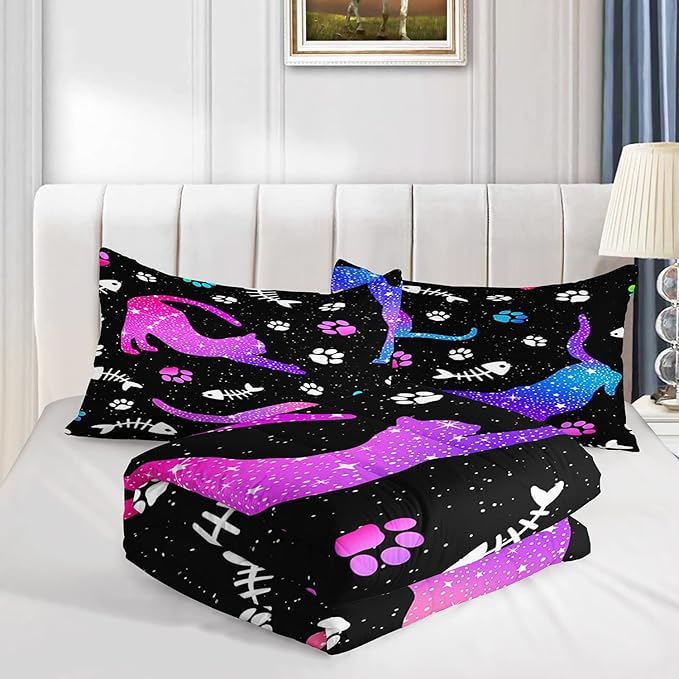 Cute Cat Comforter Kids Bedding Set Twin,3Pcs Soft Paw Fish Bone Print Quilt Set Bed in A Bag with 1 Comforter 2 Pillowcases for Kids Boys Girls Teens Adults Room Decor All Season Gradient Purple Blue