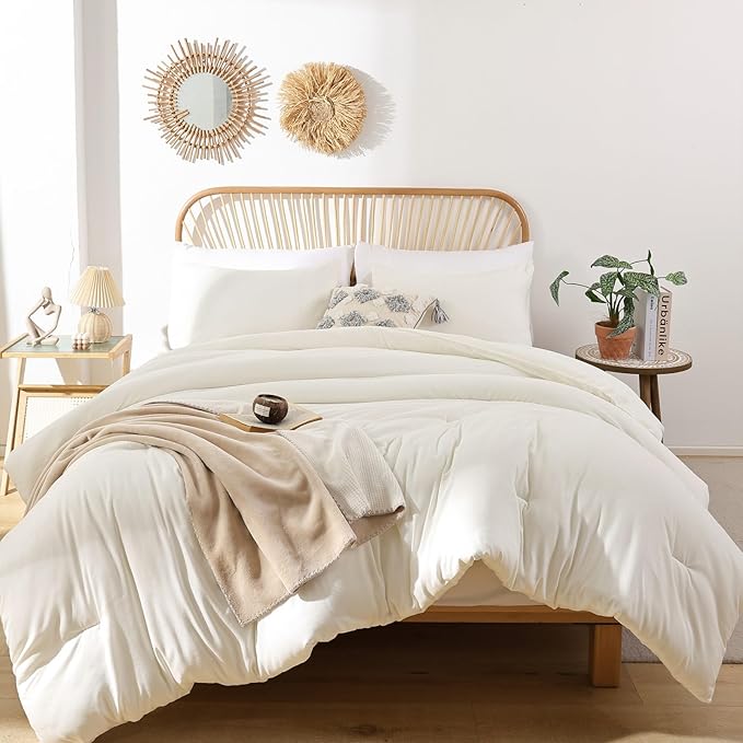 ROSGONIA Queen Comforter Set Ivory, 3pcs(1 Boho Ivory Comforter & 2 Pillowcases) All Season Soft Bedding Lightweight Bedspread Blanket Quilt Bed