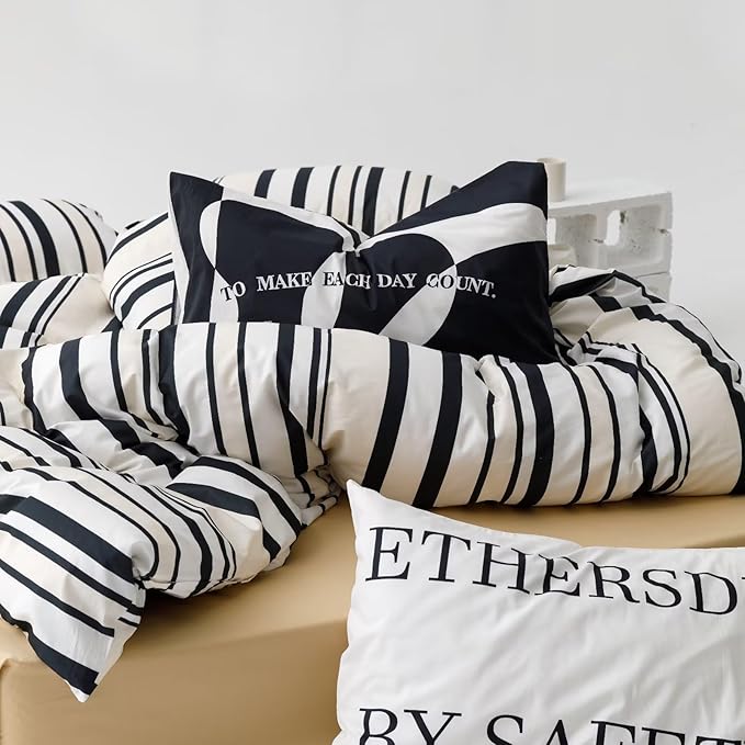 Striped Comforter Set King Black and White Comforter Men Women Modern Chic Stripes Bed Comforters Beige Black Striped King Ticking Bedding Comforter Set All Season Hotel Quality Bed Set
