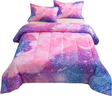 A Nice Night Galaxy Bedding Sets Outer Space Comforter 3D Printed Space Quilt Set Twin Size Glitter Pink Color,for Children Boy Girl Teen Kids