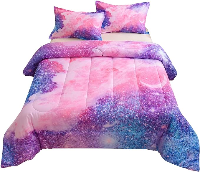 A Nice Night Galaxy Bedding Sets Outer Space Comforter 3D Printed Space Quilt Set Queen Size Glitter Pink Color,for Children Boy Girl Teen Kids