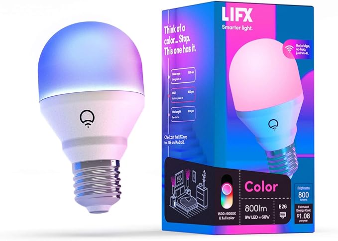 LIFX Color A19 800 lumens, Billions of Colors and Whites, Wi-Fi Smart LED Light Bulb, No bridge required, Works with Alexa, Hey Google, HomeKit and Siri.