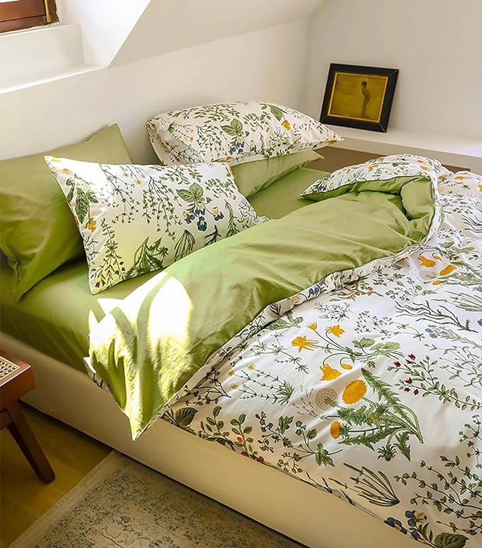 Botanical Comforter Set King White and Sage Green Floral Plant Bedding Set Garden Pattern Printed on White Women Reversible Blanket 3 PCs Girls Breathable White Floral Bed Comforter Set