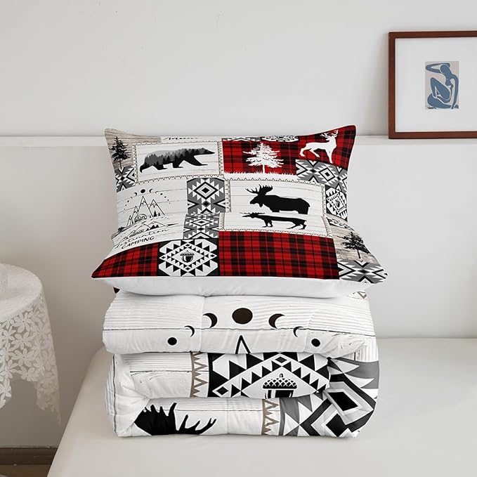 Deer Antlers Bear Kids Comforter Set King Size,Plaids Aztec Arrows Patchwork Bedding Set for Boys Girls Adults Room Decor,Rustic Adventure Xmas Down Comforter,Red Retro Duvet Insert,2 Pillowcases