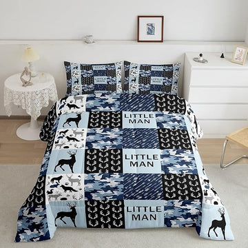 Manfei Camo Deer Antlers Comforter Set Twin,Geometric Checks Patchwork Bedding Set 2pcs for Kids Teens Boys Adults Room Decor,Boho Arrow Animals Quilt Set,Blue Xmas Duvet Insert with 1 Pillowcase