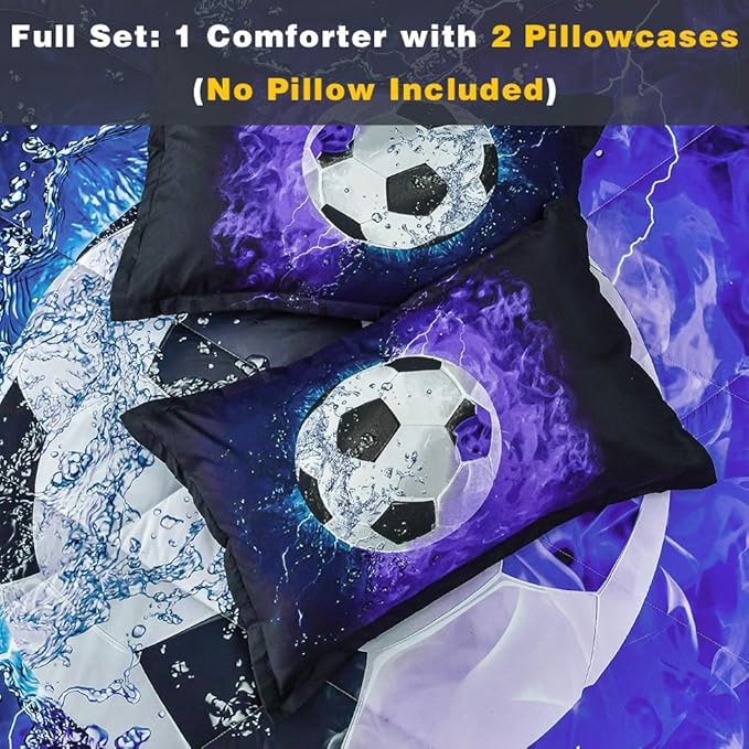 Andency 3D Soccer Comforter Full(79x90 Inch), 3 Pieces(1 Soccer Comforter, 2 Pillowcases) Sport Microfiber Soccer Comforter Set Bedding Set for Boy Kids Teens