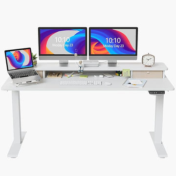 FEZIBO 60 x 24 Inch Height Adjustable Electric Standing Desk with Double Drawer, Stand Up Desk with Storage Shelf, Sit Stand Desk, White