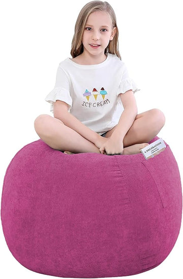Stuffed Animal Storage Bean Bag Chair Cover (No Filler) for Kids and Adults.Soft Premium Corduroy Stuffable Beanbag for Organizing Children Plush Toys or Memory Foam Small 100L (RoseRed)