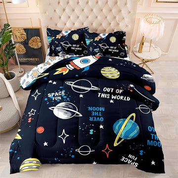 Space Comforter Set Twin 5PCS,Kids Bedding Set for Boys Twin,Rocket Bedding Twin Size.Kids Comforter Set Soft Bedding Sets,Bed in A Bag for Kids