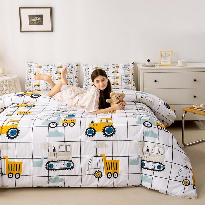 Feelyou Construction Truck Comforter Set Full Size Kids Machinery Truck Excavators Vehicles Comforter for Boys Teens Cartoon Tractor Bedding Set Excavator Tractor Plaid Grid White Duvet Set Quilt Set