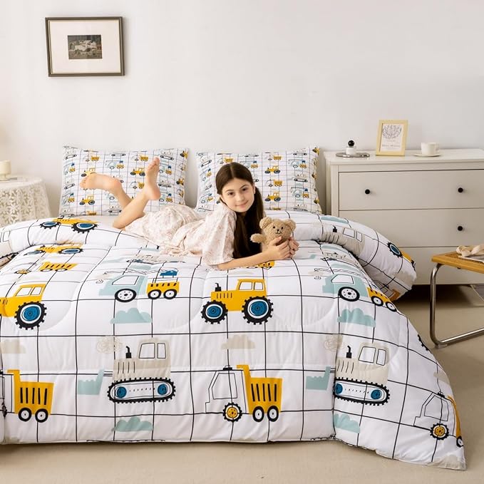 Feelyou Construction Truck Comforter Set King Size Kids Machinery Truck Excavators Vehicles Comforter for Boys Teens Cartoon Tractor Bedding Set Excavator Tractor Plaid Grid White Duvet Set Quilt Set