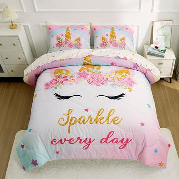 NTBED Unicorn Twin Comforter Set with Sheets,5 Pieces Kids Bedding Sets for Girls, Lightweight Microfiber Star Rainbow Bed in a Bag