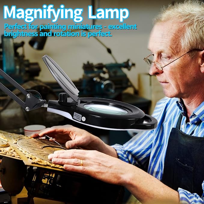 10X Magnifying Lamp with Clamp, KIRKAS 2200 LM Super Bright and Stepless Dimming Magnifying Glass with Light, Real Glass Lens Lighted Magnifier Light for Close Work, Crafts, Reading, Repair - Black