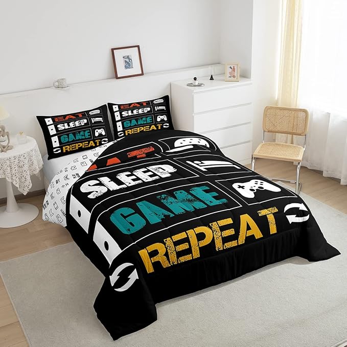 Gamer Comforter Set Full Gaming Bedding Set for Boys Teens Girls Kids Video Games Controller Comforter Funny Creative Eat Sleep Game Repeat Design Reversible Down Comforter for All Season Room Decor
