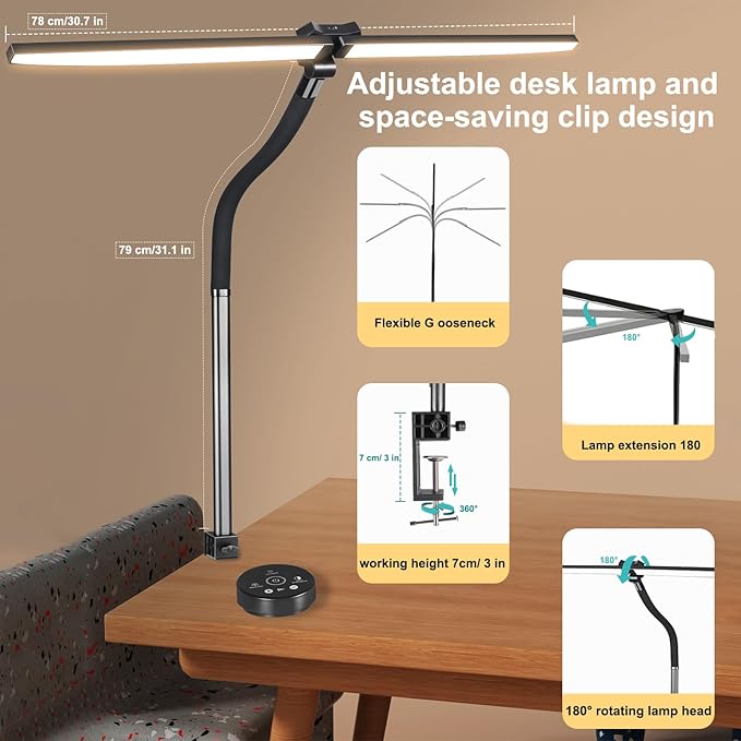 Led Desk Lamp for Office Home - Bright Double Head Desk Light with Clamp,Architect Task Lamp Gooseneck Smart Light: 24W 5 Color Flexible Adjustable Lighting Table Lamp for Study Drafting