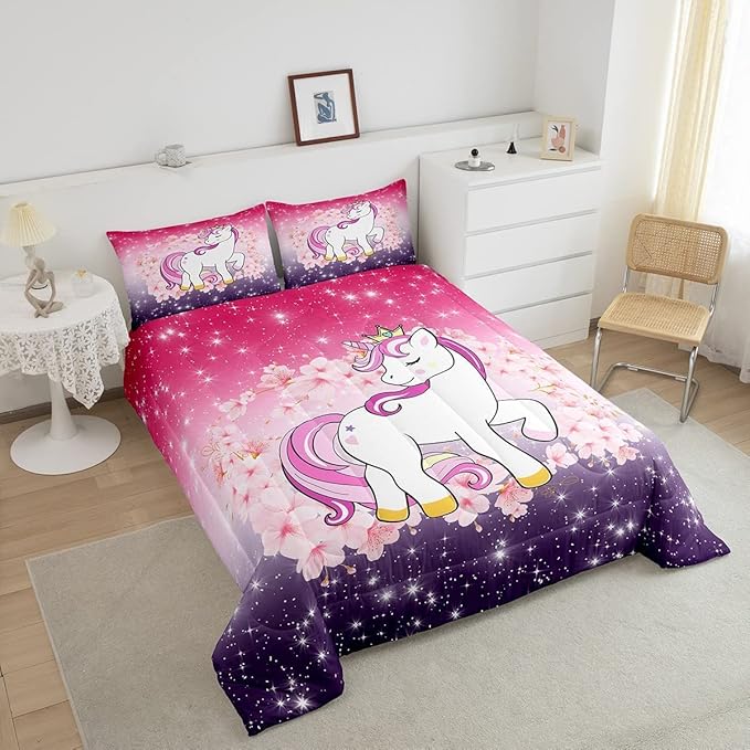 Unicorn Comforter Set King Glitter Bedding Set Cherry Blossoms Duvet Insert Kids Cartoon Kawaii Animal Down Comforter Ombre Galaxy Stars Fantasy Girls Room Decor Quilt Set Aesthetic Pink Purple