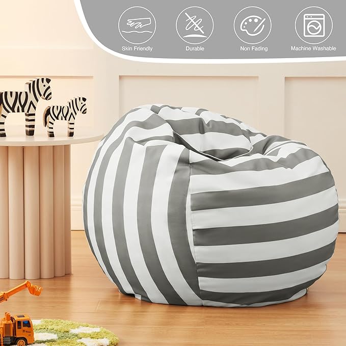 EXQ Home Kids Bean Bag Chairs Cover -Stuffed Animal Bean Bag Storage Grey and White Stripes-Zipper Bean Bag for Organizing Children Plush Toys Holiday Gift for Girl,Boys (XL)