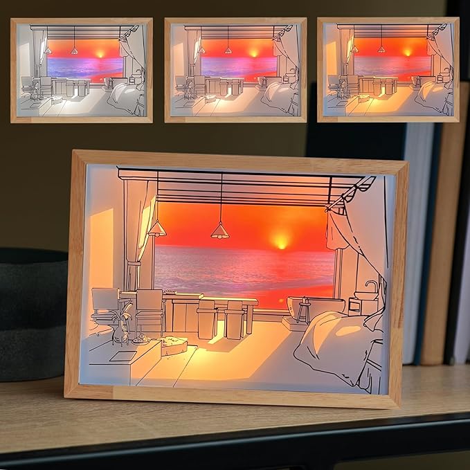 Decorative Lamp on Desk, Warm Seaside Design Desktop Illustration Light, USB Low Power Desk Lamp with Morning/Afternoon/Sunset 3 Modes