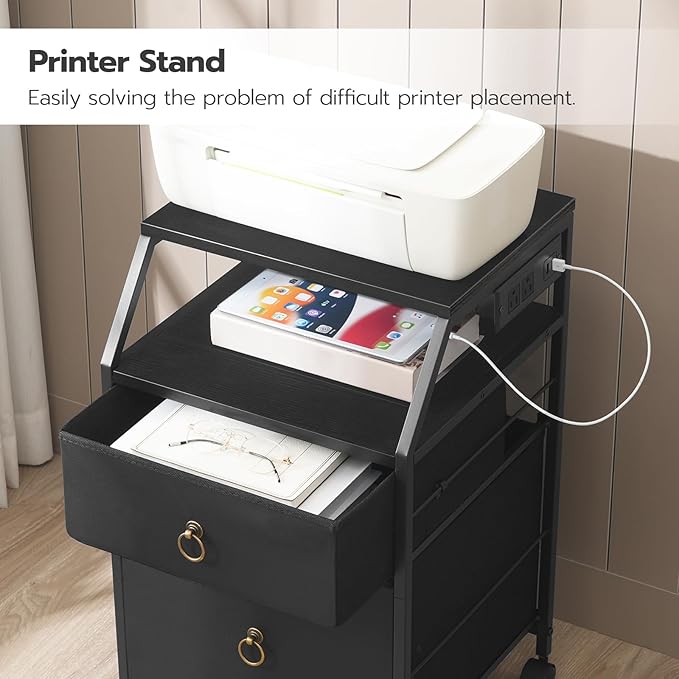 HOOBRO 2-Drawer Mobile File Cabinet, Filing Cabinet with Charging Station, Rolling Printer Stand with Open Storage Shelf, fits A4/Letter-Size for Home Office, Nonwovens Drawer, Black BB10UWJ01