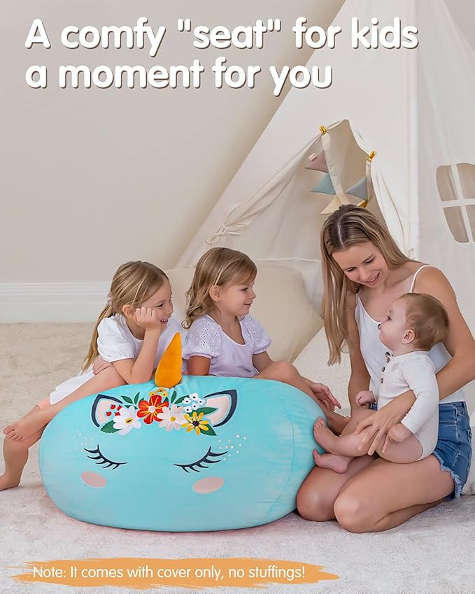 Aubliss Bean Bag Cover for Stuffed Animal Storage - Unicorn Bean Bag Velvet Cover (No Beans) - Large Stuff 'n Sit Organization for Kids Toy Storage (Large, Cyan)