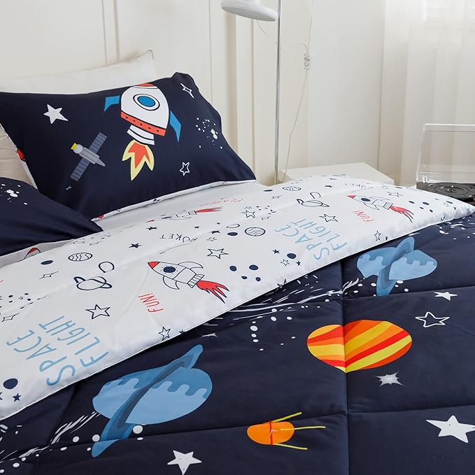 RYNGHIPY Kids Comforter Set Full Size, Cute Space Rocket Bedding Set for Boys Girls, Space Themed Teen Boy Bedding (Space Rocket,Full)