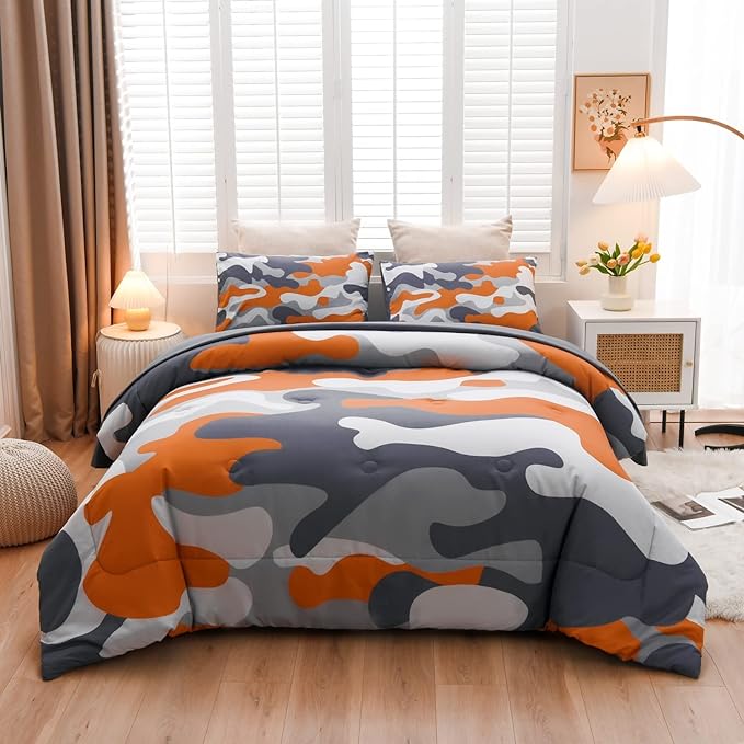 Meeting Story Camouflage Bedding Set, Colorful Pattern Style Comforter Set, 5 PCS One Comforter Two Pillowcases Two Sheets in One Bag, All Season Bedspread for Teens Adults (Orange, Full 5Pcs)