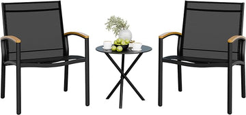Shintenchi 3 Pieces Outdoor Patio Bistro Sets, Textilene Fabric Small Patio Furniture Set, Front Porch Chairs Conversation Set with Table for Lawn, Garden, Balcony, Poolside (Black)