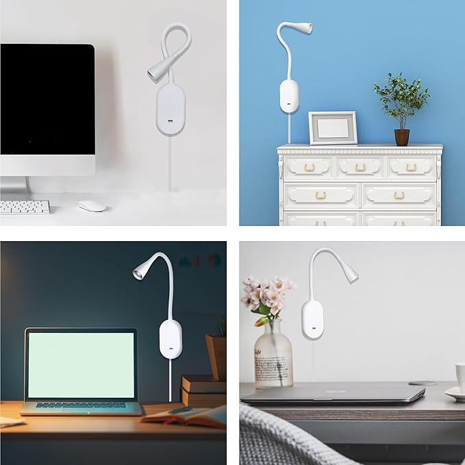 QinYing Reading Lights for Books in Bed, Wall Mounted Book Light for Reading in Bed, USB Charging 5 Dimming Levels Headboard Reading Lamp, Touch Control LED Flexible Gooseneck 4000k Bed Lights, White