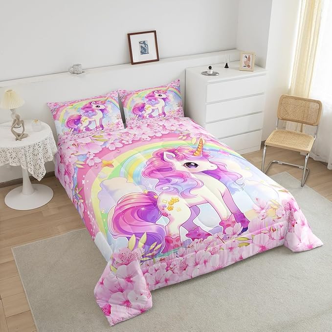 Cartoon Unicorn Kids Comforter Set King Size,Sakura Cherry Blossom Japanese Bedding Set,Girls Women Room Decor,Rainbow Unicorn Cute Down Comforter,Pink Purple Romantic Duvet Insert,2 Pillowcases