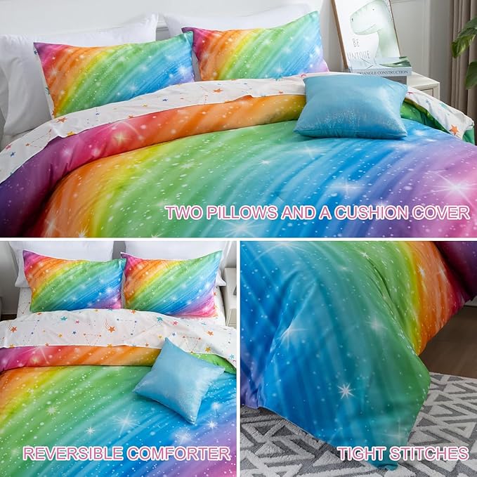 Btargot Super Soft 6 Pieces Gradient Star Ring Comforter Set, Colorful Glitter Rainbow Star Pattern Bedding Set for Boys Girls Teens,Full Multicolor