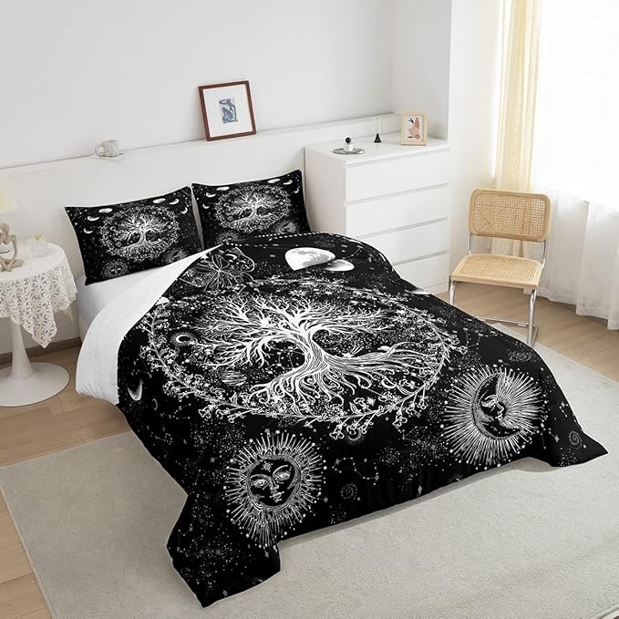 Feelyou Sun and Moon Comforter Bohemian Tree Butterfly Style Bedding Set Psychedelic Hippie Comforter Set for Boys Girls Children Teens Bedroom Decor Galaxy Astrology Duvet Set Twin Size