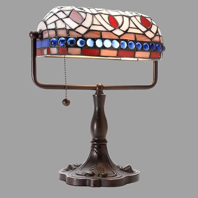 Warehouse of Tiffany KS20+MB50 12-inch Stained Glass Blue Gemstones Desk Lamp, Brown