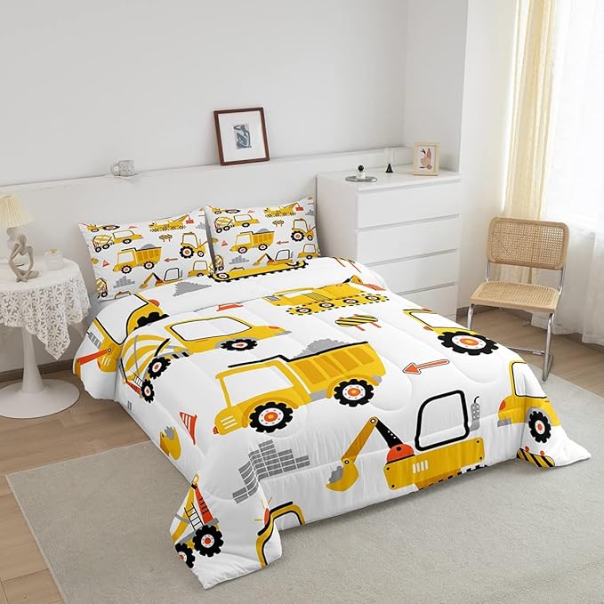 Cartoon Car Comforter Set Kids Construction Comforter for Boys Equipment Trucks Bedding Set Breathable Cartoon Yellow Car Excavator Tractor Duvet Set Room Decor Quilt Set Full Size
