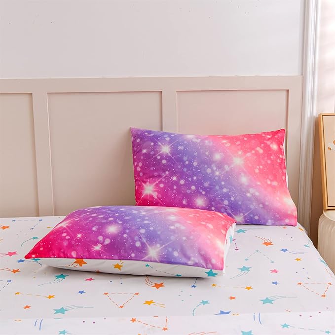 A Nice Night 6Pcs Gradient Glitter Bedding Set for Girls, Colorful Rainbow Galaxy Comforter Set, Ultra Soft Bedding Sets (Pink-Purple,Full 6Pcs)