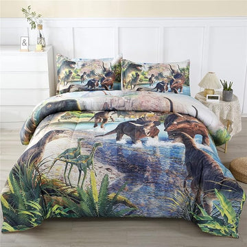WINLIFE Dinosaur Comforter Set Queen Kids Dinosaur Bedding Set Jurassic Jungle Dino Comforter Sets for Boys Teens, Lightweight Easy Care Bed Linen Set (3 Pieces, Queen)